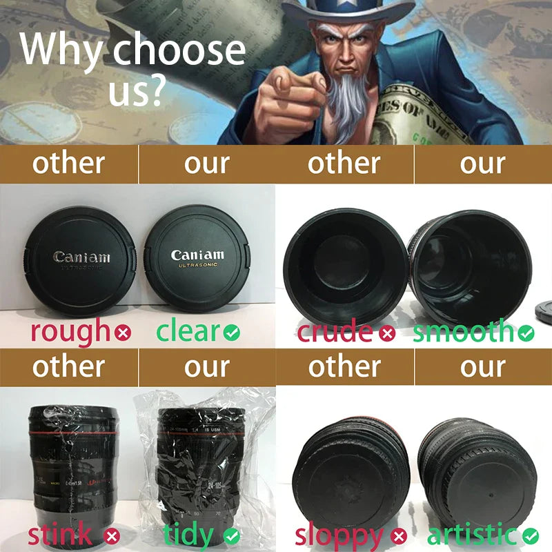 New Coffee Lens Emulation Camera Mug  Beer mug Wine With Lid Black Plastic Cup&Caniam Logo  Mugs tazas cafe